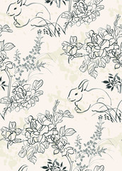 konijn schattig bloem vector japans chinees natuur inkt illustratie gegraveerd schets traditioneel structuur naadloos patroon