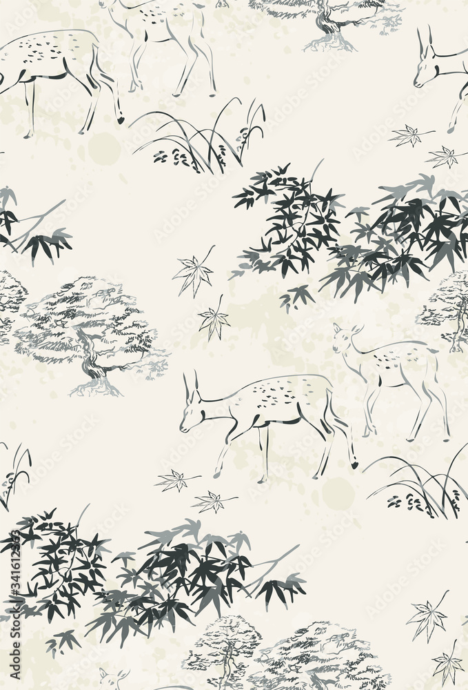 Wall mural deer vector japanese chinese nature ink illustration engraved sketch traditional textured seamless pattern