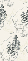 deer vector japanese chinese nature ink illustration engraved sketch traditional textured seamless pattern