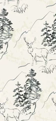 Door stickers Mountains deer vector japanese chinese nature ink illustration engraved sketch traditional textured seamless pattern