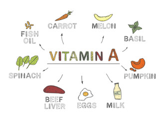 Vitamin A, infographics. Foods rich in vitamin A. natural products, vegetables on white background. Healthy lifestyle concept