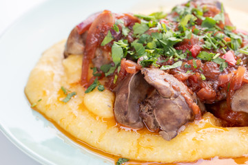 close up of home made chicken liver with polenta