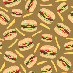 Fast food hamburger and fries seamless pattern