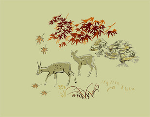 deer vector card japanese chinese nature ink illustration engraved sketch traditional textured colorful watercolor