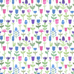 Seamless botanical pattern. Collage made from flowers cut out from colored paper on white background. Watercolor painting. Petals, leaves, stems. Green, pink, blue and purple colors.  
