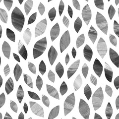 Seamless botanical pattern. Collage made from flowers cut out from colored paper on white background. Watercolor painting. Petals, leaves, stems. Green, pink, blue and purple colors.  
