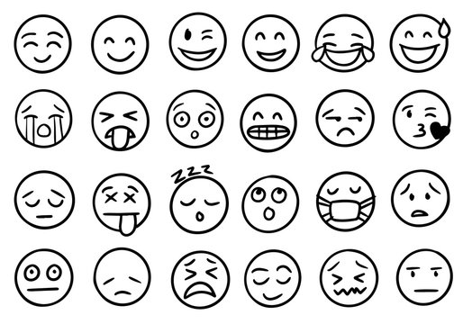 hand drawn of outline style emoji icons collection isolated on white background, vector illustration.