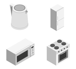 White kitchen kettle, fridge, stove, microwave as an element for a common kitchen set on a white background isometric illustration vector