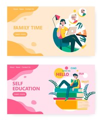Video call with family in coronavirus quarantine time. Learn foreign language, read book, home education. Concept illustration. Vector web site design template. Landing page website illustration.