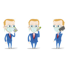 Businessman with a smartphone and face mask