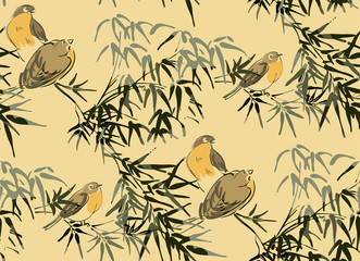 Naklejki  małe ptaki wektor japońska chińska natura ilustracja atrament grawerowany szkic tradycyjny teksturowany wzór kolorowy akwarela