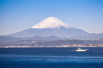 View of Mt. Fuji and sea in Winter season seen from Enoshima Island , Kanagawa prefecture Japan