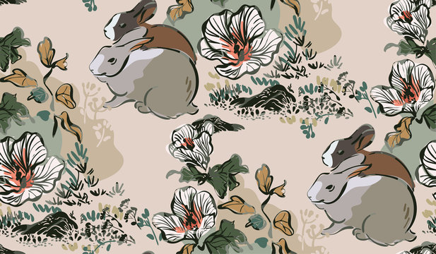 rabbit cute flower vector japanese chinese nature ink illustration engraved sketch traditional textured seamless pattern colorful watercolor