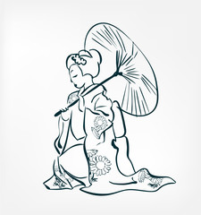japanese girl traditional dress kimono sketch line vector illustration
