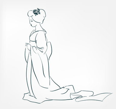 japanese girl traditional dress kimono sketch line vector illustration