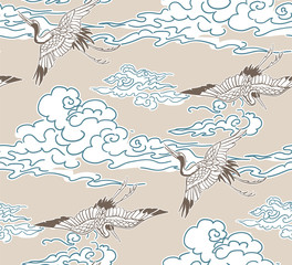 crane birds sky cloud japanese chinese vector design pattern