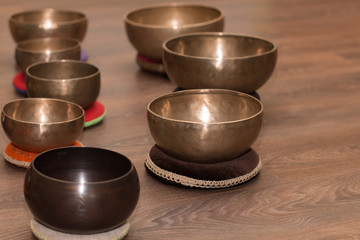 set of Tibetan Singing bowls for sound meditation and yoga nidra practic