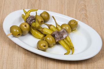 Traditional appetizer from Basque Country, Spain, named. Tasty, chili.