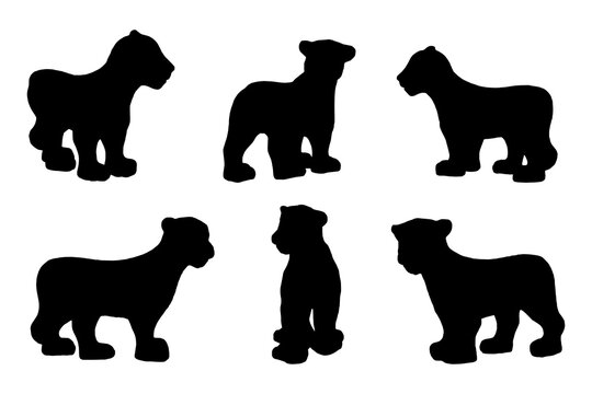 6 black and white set vector lion cub silhouette isolated on white background
