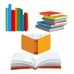 set of various books, stack of books, open book