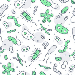 Bacteria, virus, microbe colored seamless pattern. Vector background included line icons as microorganism, germ, mold, cell, probiotic outline pictogram for microbiology infographic
