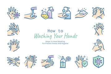 How to wash your hands doodle icon collection