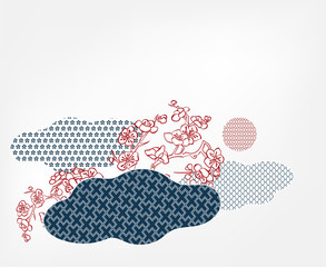 sakura tree cloud traditional geometric kimono card background vector sketch illustration line art japanese chinese oriental design