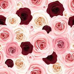 Vector seamless background texture with pink, burgundy and white roses.