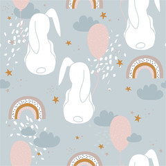 Bunnies, rainbow, sky, air balloons, hand drawn backdrop. Colorful seamless pattern with animals. Decorative cute wallpaper, good for printing. Overlapping background vector. Illustration, rabbits