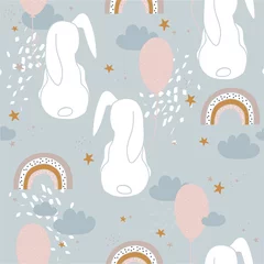 Wall murals Animals with balloon Bunnies, rainbow, sky, air balloons, hand drawn backdrop. Colorful seamless pattern with animals. Decorative cute wallpaper, good for printing. Overlapping background vector. Illustration, rabbits