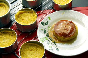 Freshly cooked Leche Flan on a table