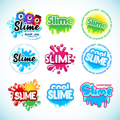 Slime logotype templates set.  Cartoon monster characters. Liquid green and blue slime. Letters with blots, splashes and smudges. Glossy typeface. Drops slime isolated on white background