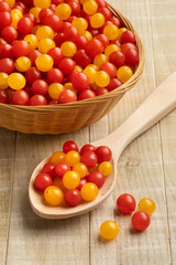 Basket with red and yellow Tomberry tomatoes close up