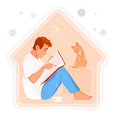 tay at home. Vector illustration. Enthusiastic young man sits on the floor, leaning on a pillow, and reads a book. Guy and his ginger cat are safe in abstract cozy house during coronavirus epidemic.