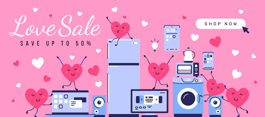 Vector illustration of set of household appliances with happy red heart character. Sale of home domestic electronic appliances on pink background.