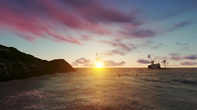 Shipwreck and crew swim to safety at sunset time, 4K