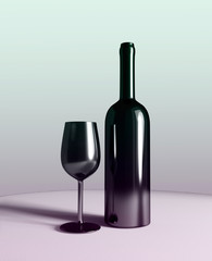 bottle and glass of red wine on table, 3d illustration
