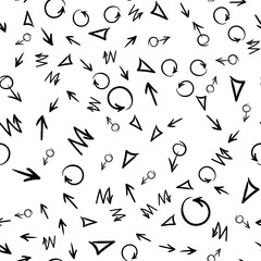 Arrow doodles vector. A set of simple sketches of arrows. Up, down, left, right ones. The effect of a pencil sketch isolated on white pattern background. Vector eps 10.