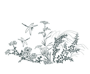 wiese blumen karte natur landschaft ansicht vektor skizze illustration japanisch chinesisch orientalisch linie kunstdesign © CharlieNati