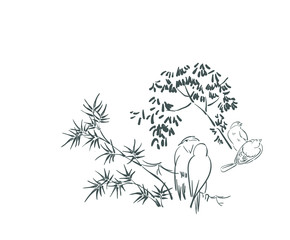 birds card nature landscape view vector sketch illustration japanese chinese oriental line art design