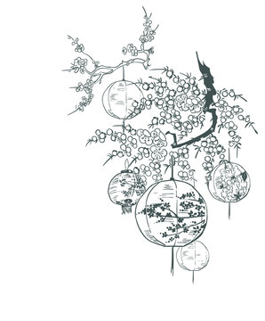 paper lanterns card nature landscape view vector sketch illustration japanese chinese oriental line art design