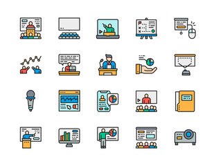 Set of Presentation Flat Color Line Icons. Hall, Microphone, Seminar and more.