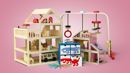 wooden toys for children 3d render on a color gradient background