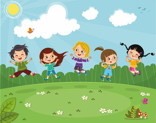 Obraz na płótnie Canvas Five kids jumping in joy on a green field. Vector illustration.