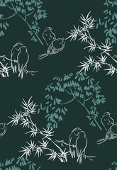 birds japanese chinese design sketch ink paint style seamless pattern
