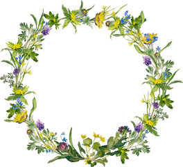 Wreath of spring flowers. Watercolor background with blossoming Lungwort, Corydalis, Snowdrop, Adonis, Kaluzhnitsa.