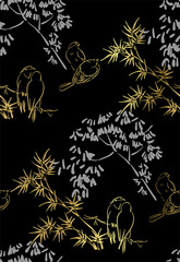 birds japanese chinese design sketch ink paint style seamless pattern