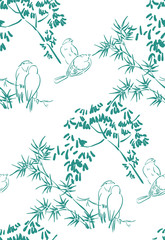 birds bamboo japanese chinese design sketch ink paint style seamless pattern