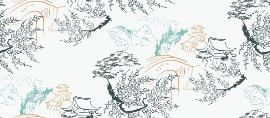 temple japanese chinese design sketch ink paint style seamless pattern