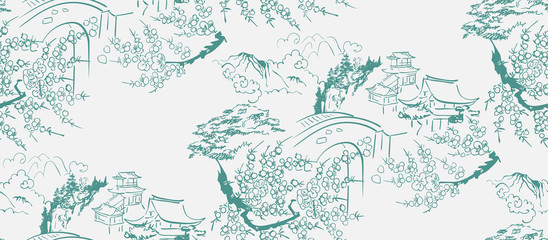 temple japanese chinese design sketch ink paint style seamless pattern